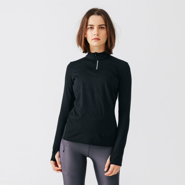 Laufshirt langarm halber Reissverschluss Run Warm Damen schwarz